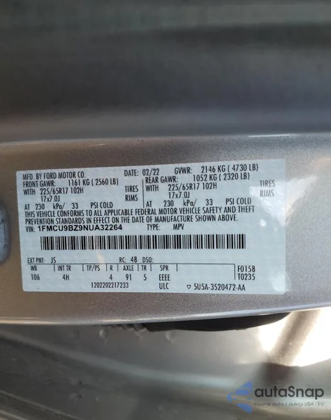 2022 Ford Escape Se z USA, uszkodzony, nr VIN 1FMCU9BZ9NUA32264